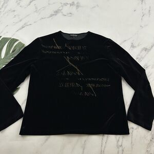 KD Spring Womens Vintage Y2k Velvet Top Size L Black Brown Leaf Print Stretch